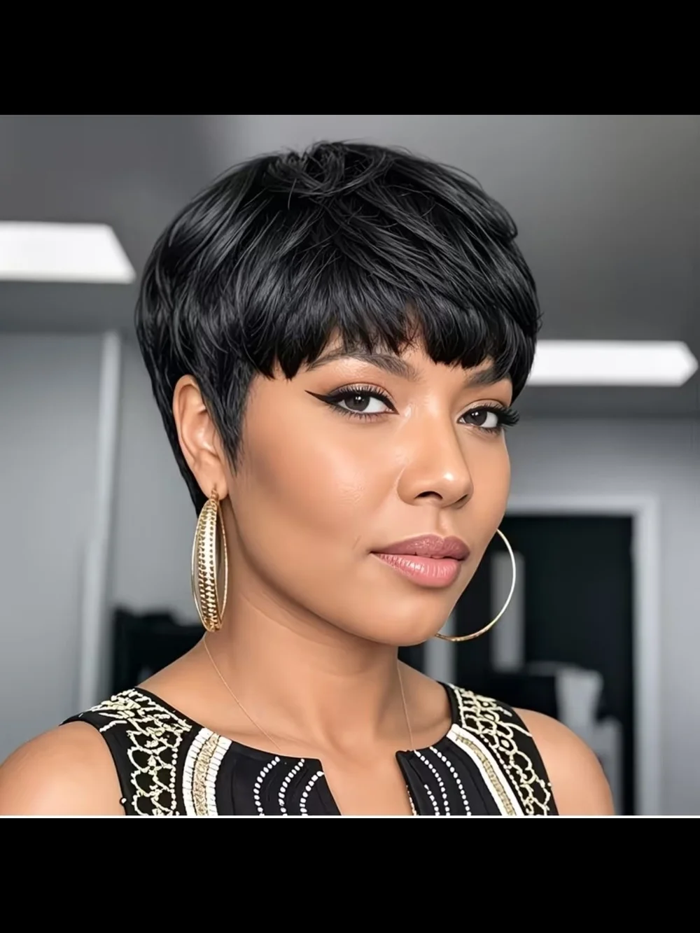 6 Inch Layered Straight 100% Real Human Hair Pixie Wig With Bangs.